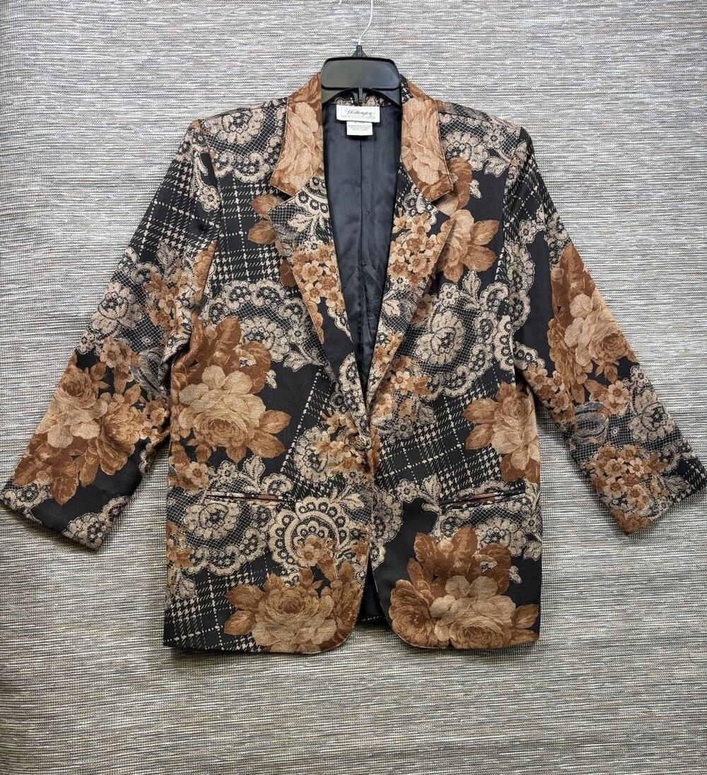 Worthington Blazer Jacket Womens Petite 14 Brown Floral Twill Button Lined USA
